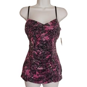 GLO JEANS Pink Black Lace Print Sleeveless Ruching Tank Top Junior's XL NWT